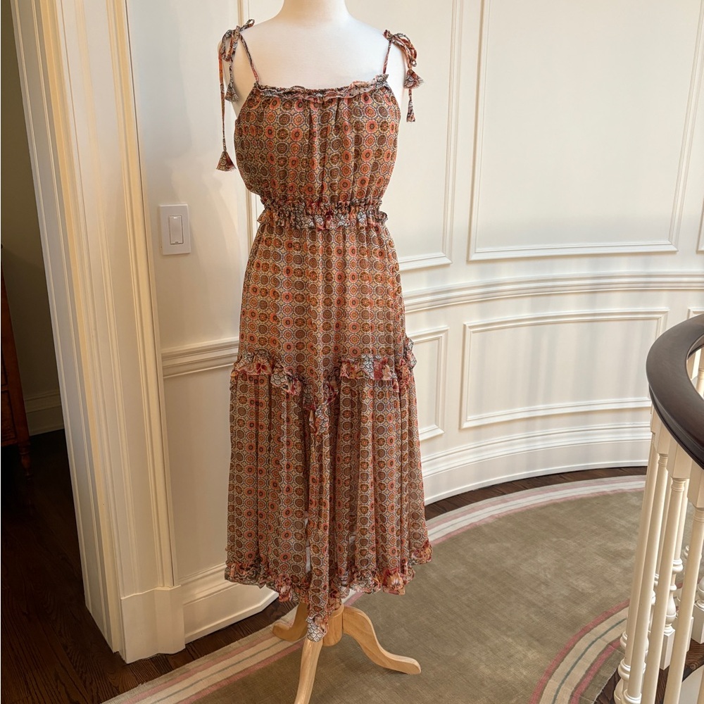 MISA LOS ANGELES Printed Midi Length dresswith ruffle details.